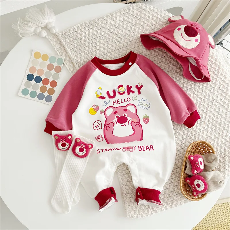 Spring Cartoon Character Lotso Pattern Jumpsuit for Baby Girls Long Sleeve Warm Comfortable Jumpsuit LUCKY Bear Outing Clothes