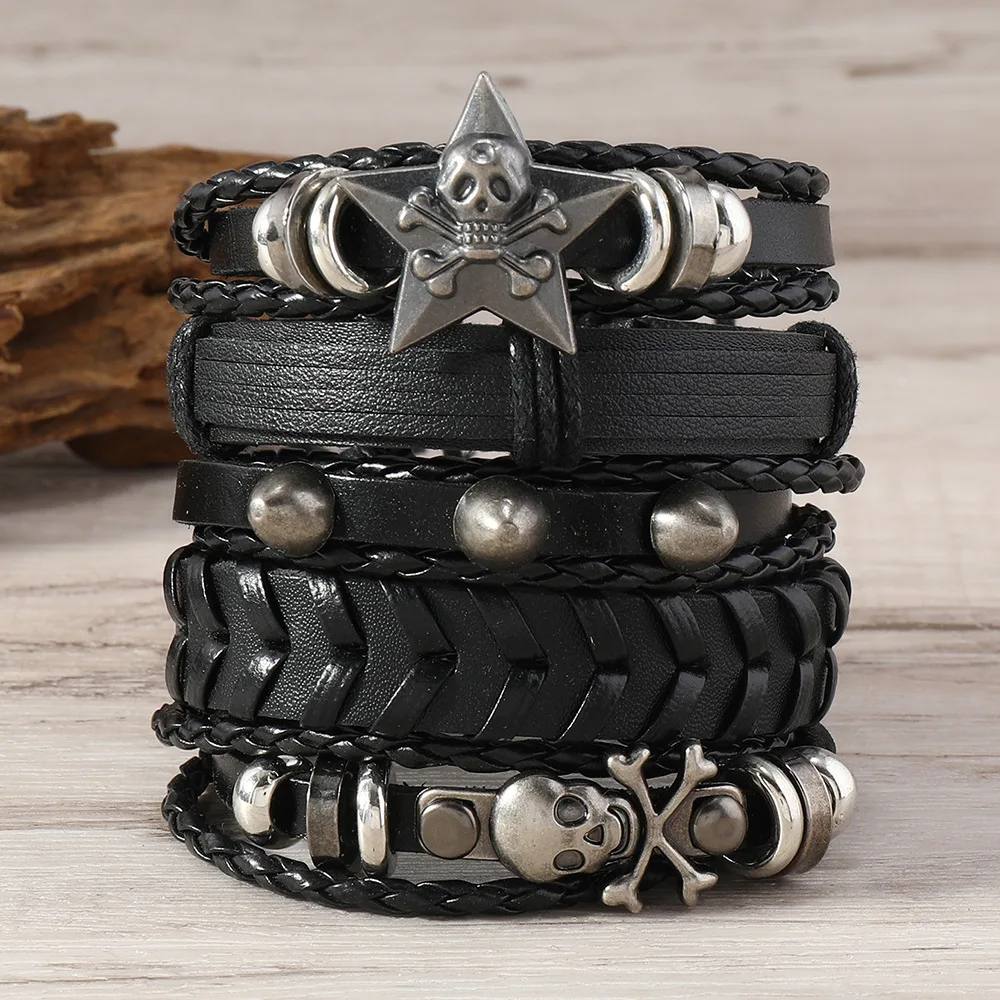 

Fashion Hip-Hop Punk Bracelet For Men Viking Bracelets Multi-Layer Vintage Skull Head Star Jewelry Leather Set Gifts