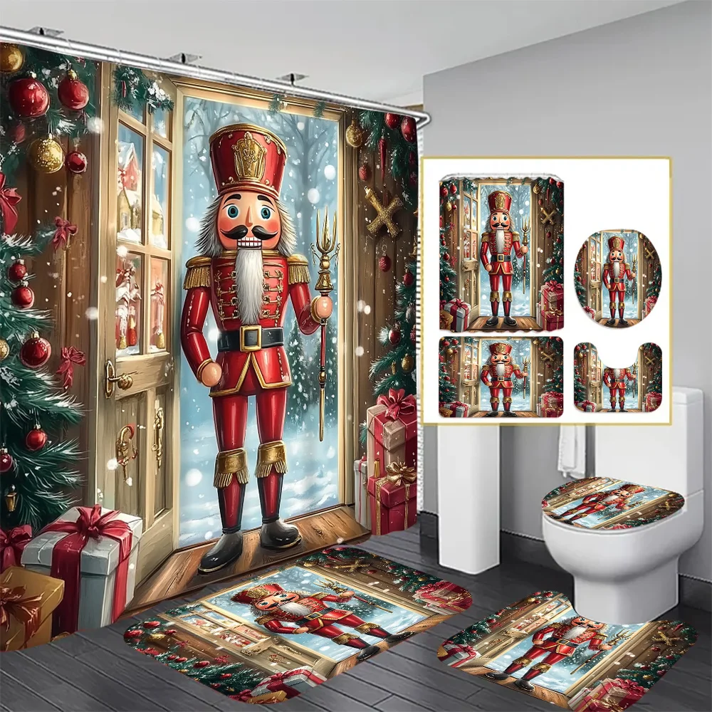 

4Pcs Nutcracker Xmas Bath Set,Shower Curtain,Mat,Toilet Cover,12 Hooks, Bathroom Accessories, Home & Dorm Decor, Farmhouse Style