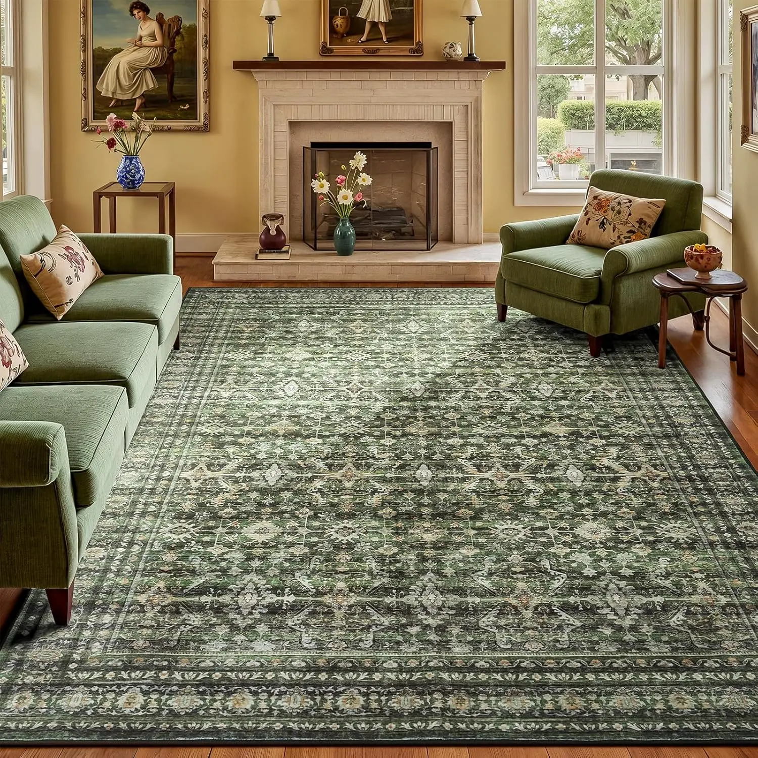 

Green Washable Large Rugs with Non-Slip Backing, Soft Boho Carpets for Living Room Bedroom Dining Room Home Office