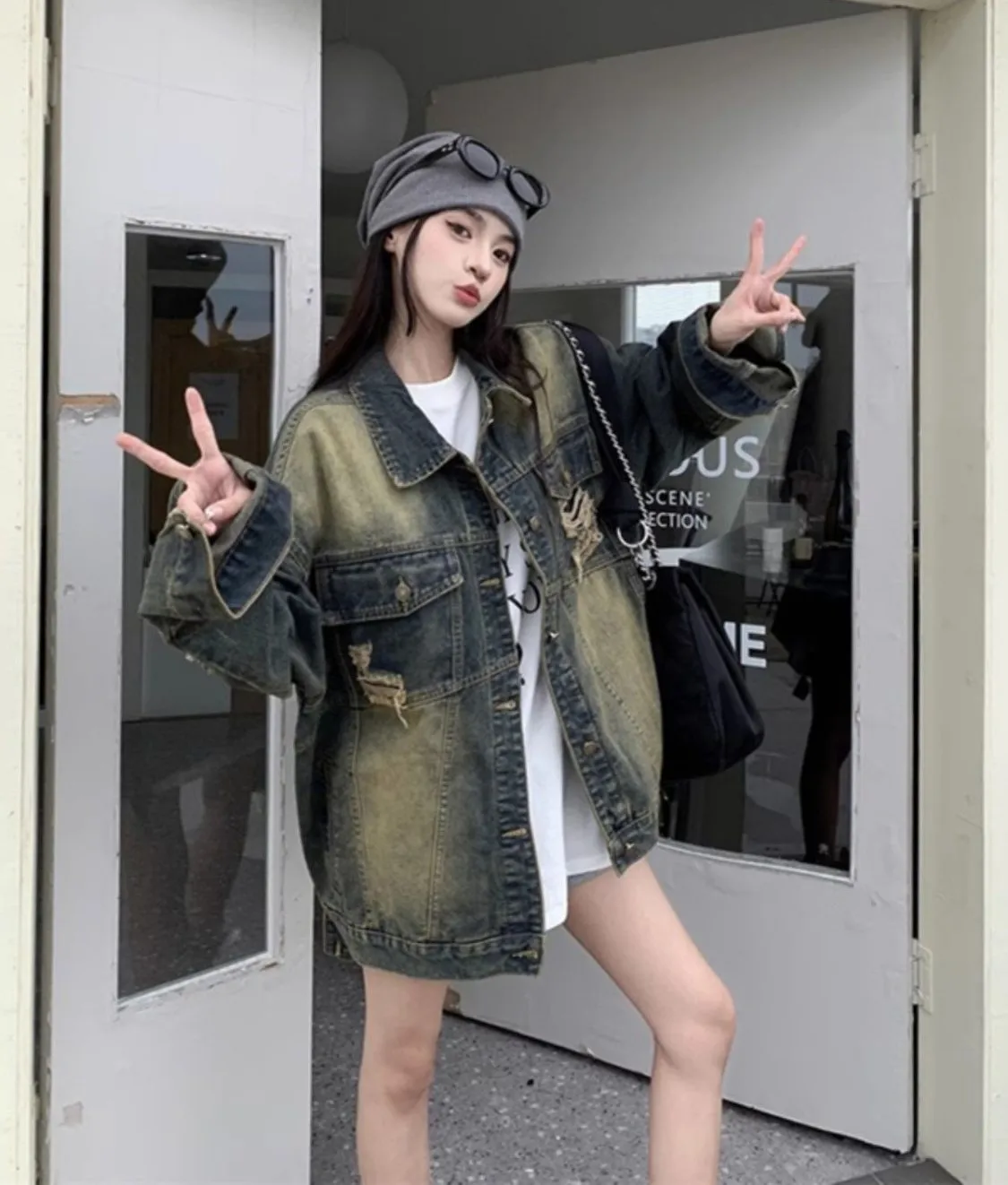 معطف الدنيم اللون البني المرأة الصيف الحياكة بالون صغير الأكمام مفتوحة الجبهة الهيب البوب جيوب أبلى الطبقات متجدد الهواء خفيفة الوزن #6