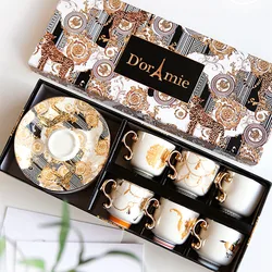 Vintage Luxury Ceramics Coffee Cup and Saucer Set of 6 Gift Box European Porcelain Cups Wedding Housewarming Gifts Home Decor