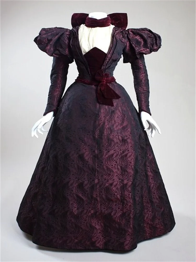 

1890s Victorian Purple Walking Bustle Duchess Dresses Historical Tea Party Masquerade Ball Gown