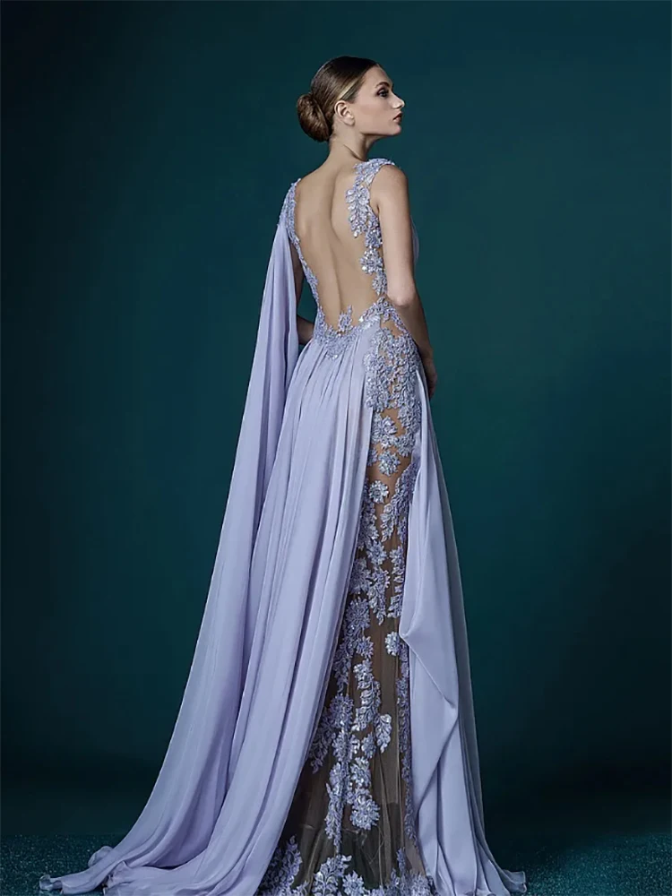 

Deep V-neck Lavender Stunning Chiffon Long Evening Dresses With Wrap Appliques Sheer Backless Dress Evening Gown Customized