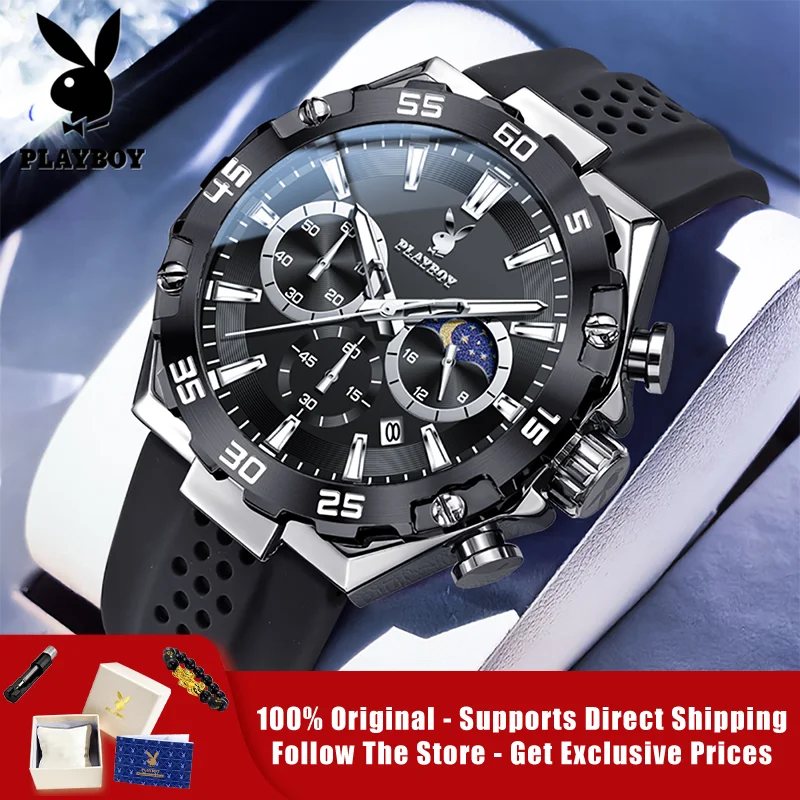 PLAYBOY 3518 Brand Original Authentic Watches for Man Luxury Gift Box Silicone Strap Multifunctional Quartz Men's Watch