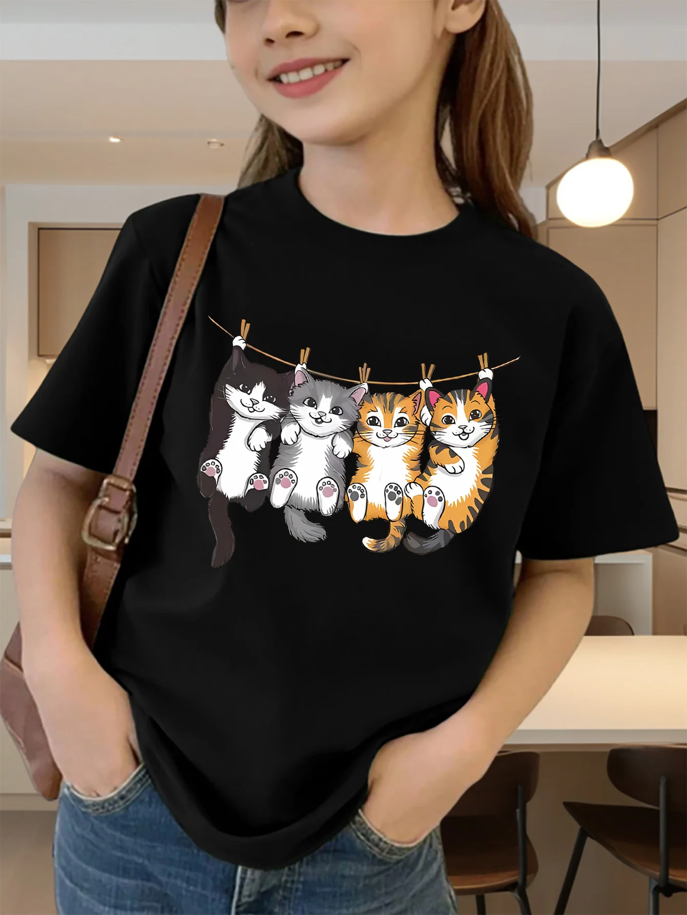 Cute Hanging Cartoon Kittens Print Graphic Kids Tee Boys Girls Family Matching Cotton Crew Neck Short Sleeve Soft Summer Tee
