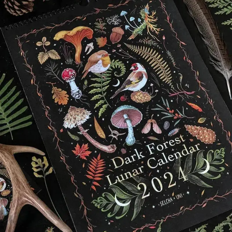 Dark Forest Lunar Calendar 2024 Waterproof Monthly Art Calendar Fantasy Elf Wall Hanging Calendar For Home Xmas New Year Decor