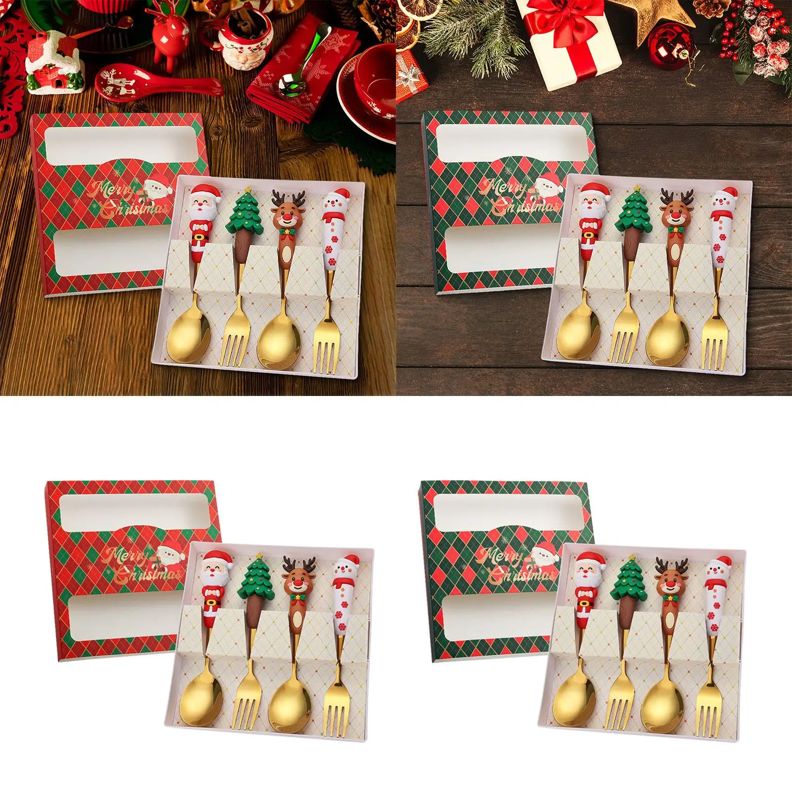 4Pcs Christmas Spoon and Fork Set Dessert Spoons Santa Steel with Gift Box