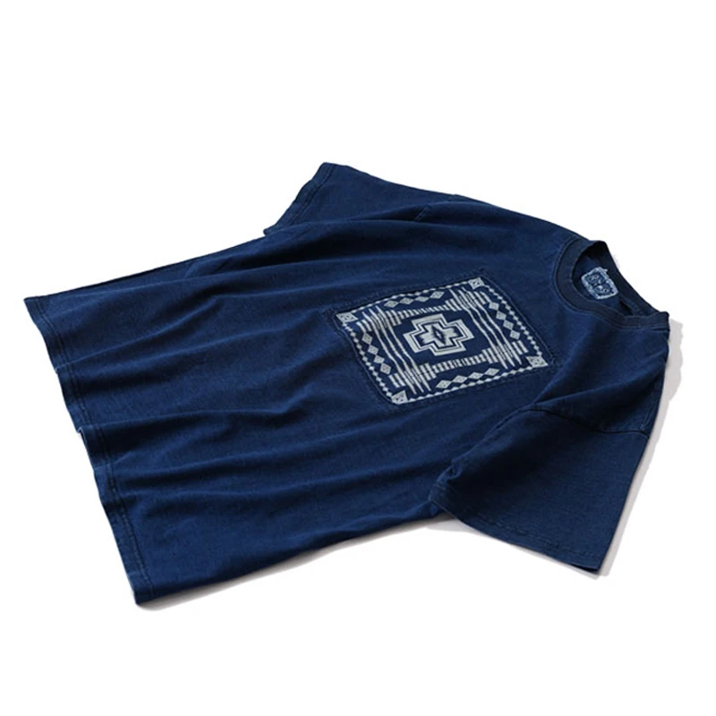 Japanese Retro Indigo Dyeing Process Ethnic Style Adhesive Fabric Cotton Loose Silhouette T-shirt Men's Summer Tops