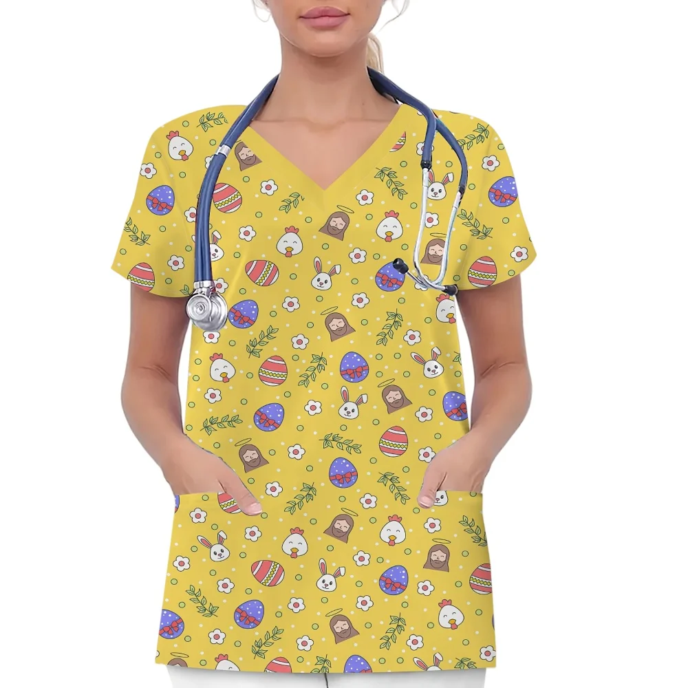 

Женская униформа медсестры, блузка с короткими рукавами и v-образным вырезом с карманом, милое кроличье яйцо, летняя повседневная удобная карманная медицинская форма