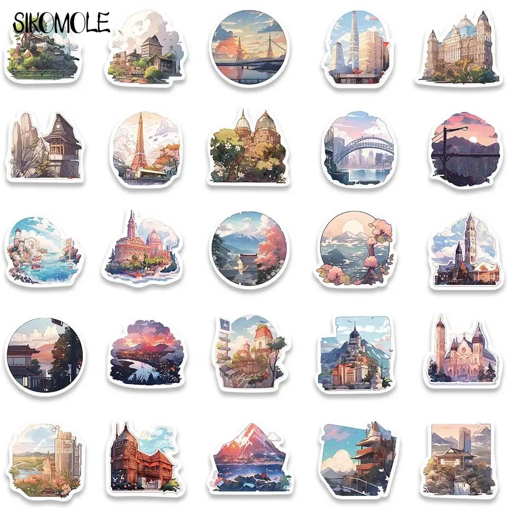 10/30/50PCS Anime Ins Wind Landscape Cartoon Building Stickers For Children DIY Suitcase Skateboard Laptop Luggage Sticker Decal