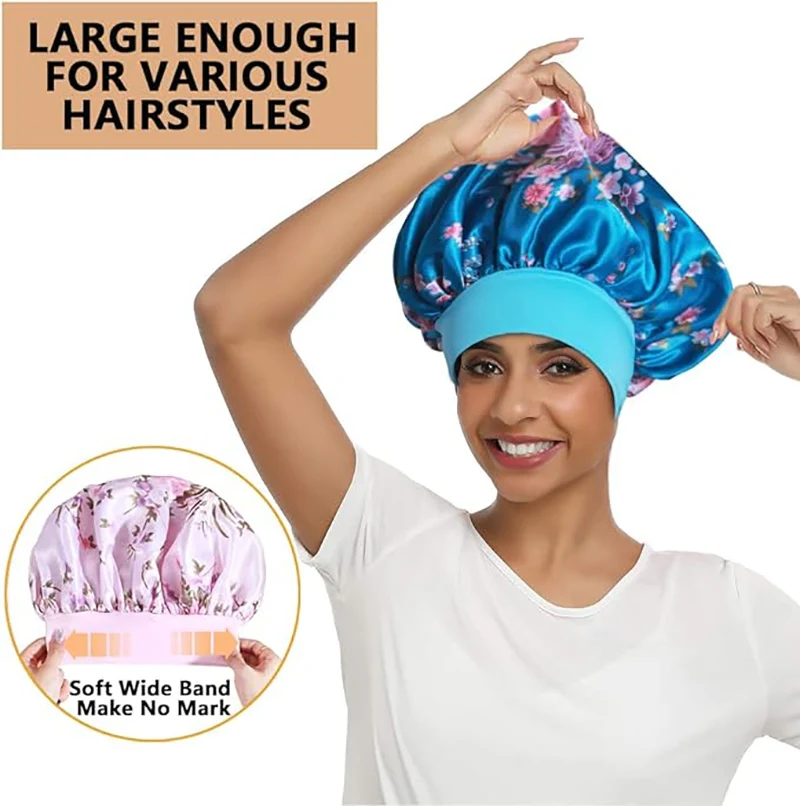 4 TEILE/LOS Satin Breite Krempe Floral Schlummertrunk Motorhaube Haar Wrap Nacht Schlafen Schlaf Kappe Elastische Weiche Band Haarpflege Dusche hut – Detail 9