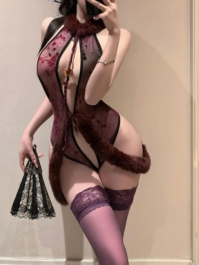 Charming เซ็กซี่สไตล์จีนใหม่ One-piece Plush พิมพ์ตาข่าย COS ผู้หญิง Rompers เสื้อผ้าชุดสูทลูกไม้สีม่วง YA14