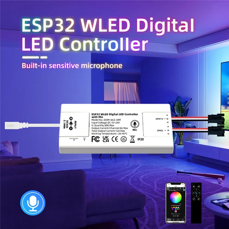 AA08-Wifi RGB LED Strip Controller ESP32 Dual-Channel WLED Smart Controller 5-24V Max 12A 800 Ics EU Certified GPIO16 2.4G