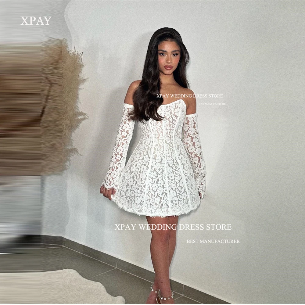 

XPAY Full Lace Short Wedding Dresses Strapless Mini Long Sleeves Country Summer Bridal Gowns Robe de mariage Prom Dress Summer