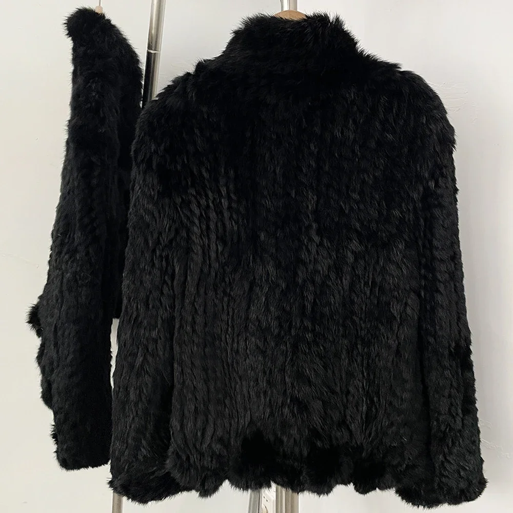 OFTBUY Weiche, leise, luxuriöse neue Winteroberbekleidung für Damen, handgestrickte Echt-Kaninchenfelljacke, gerüschter V-Ausschnitt, kurzer Pelzmantel für Damen – Detail 15