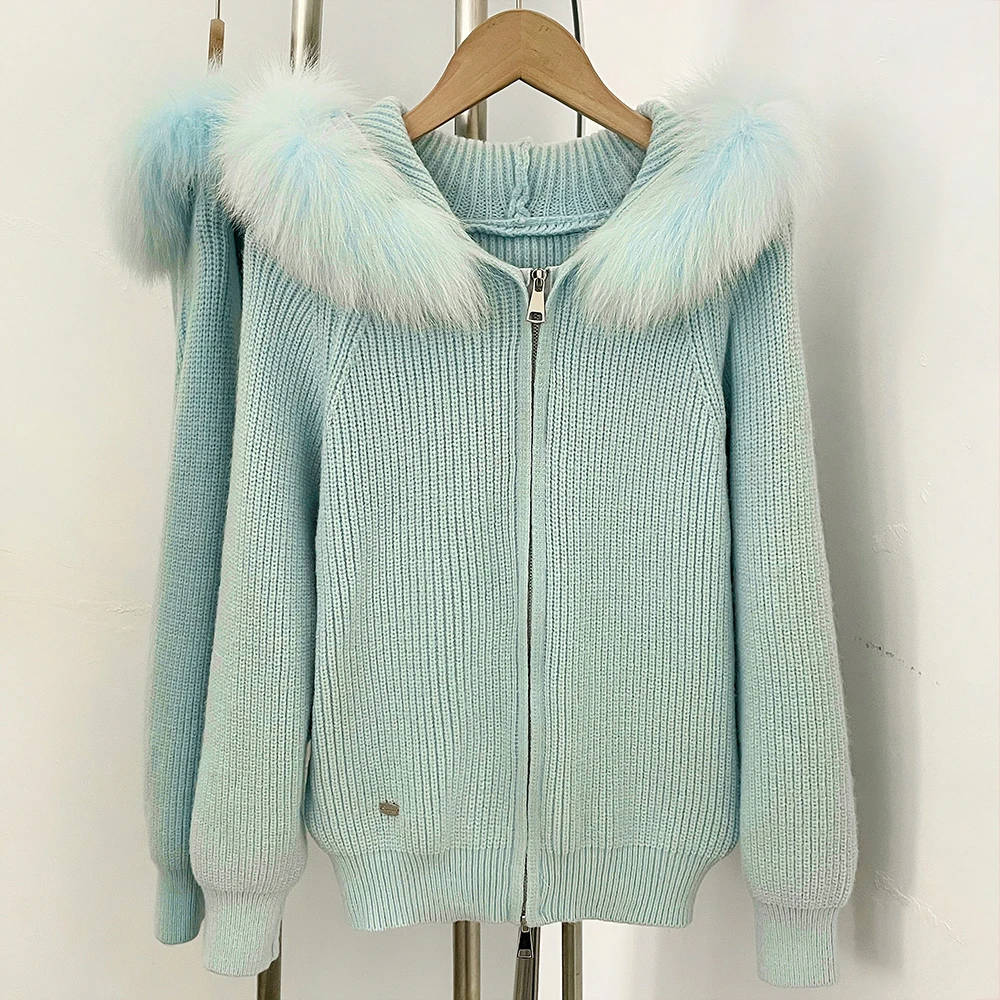 

OFTBUY Cardigan for Women Hooded Real Fox Fur Women's Clothing Autumn Spring Female Natural Fur Knitted Sweater Jacket Zipper