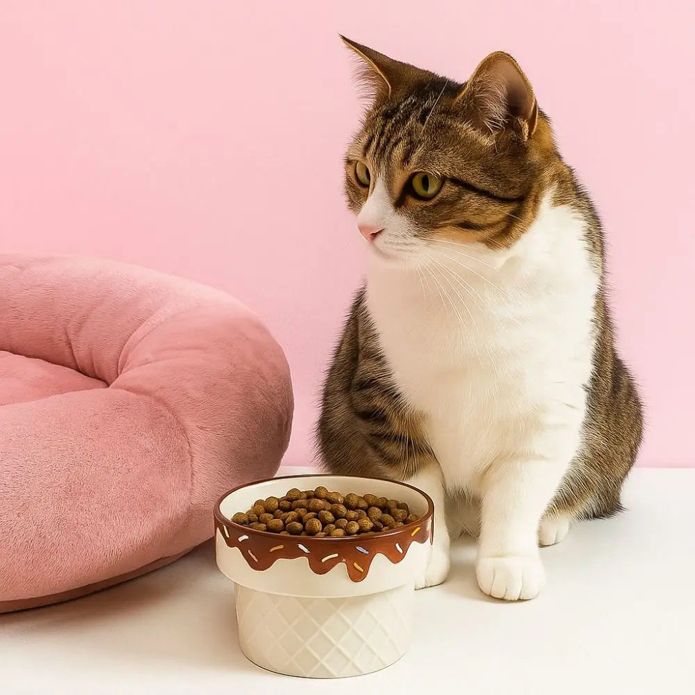 وعاء قطط من السيراميك على شكل آيس كريم لحماية القدم العالية وعاء قطط مرتفع بقاع مسطح وقطر كبير غير قابل للانزلاق وعاء طعام للقطط