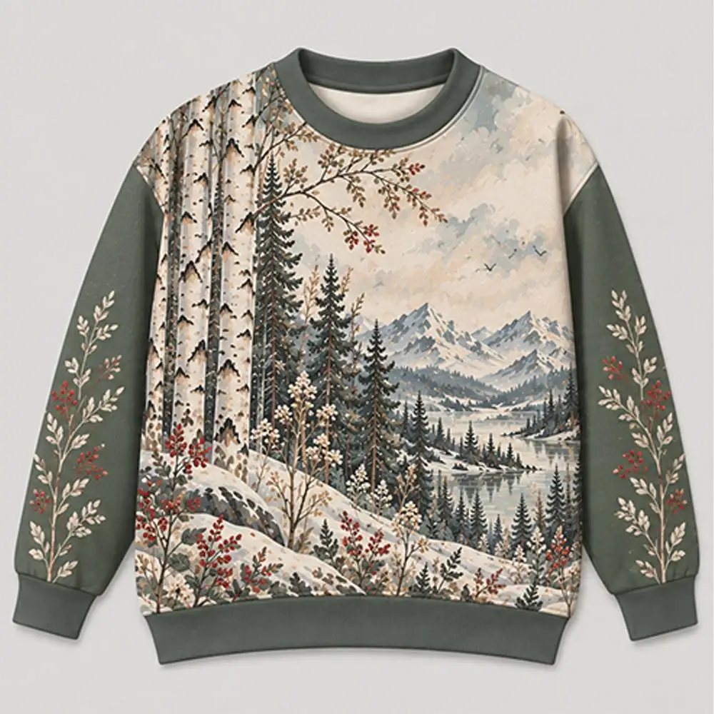 Retro Snowy Mountain Forest Landscape Sweatshirt Winter Nature Print Crew Neck Pullover Men's And Women's Fashion Casual Top
