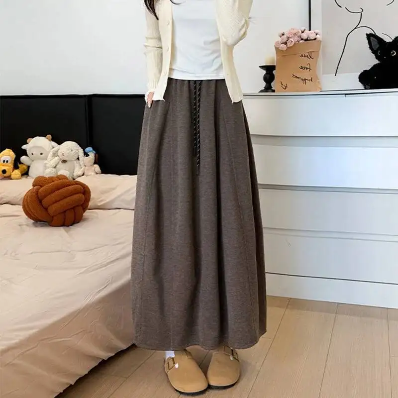 

High Waist Drawstring Puffer Long Skirt Women Autumn Winter Warm Knitted Midi Woman Korean Streetwear Baggy Maxi Skirts