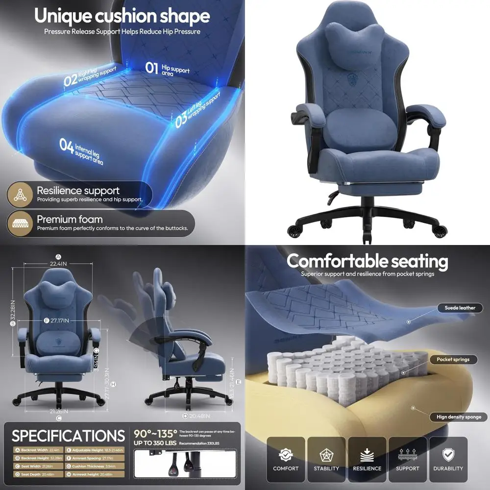 

Эргономичное синее игровое кресло с подогревом и массажем, поясничной поддержкой и пружинными подушками для крупных и высоких взрослых, до 160 кг