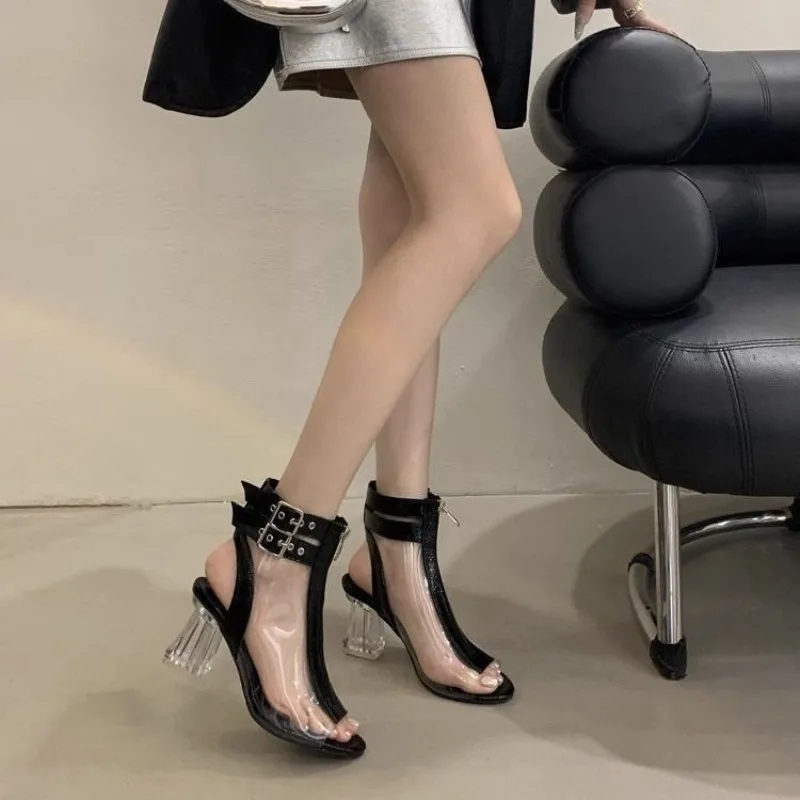 Crystal Heel Zip Sandals Summer New Round Toe Open Toe Colorblock Metal Belt Buckle Anti-Slip Wear-Resistant High Heels