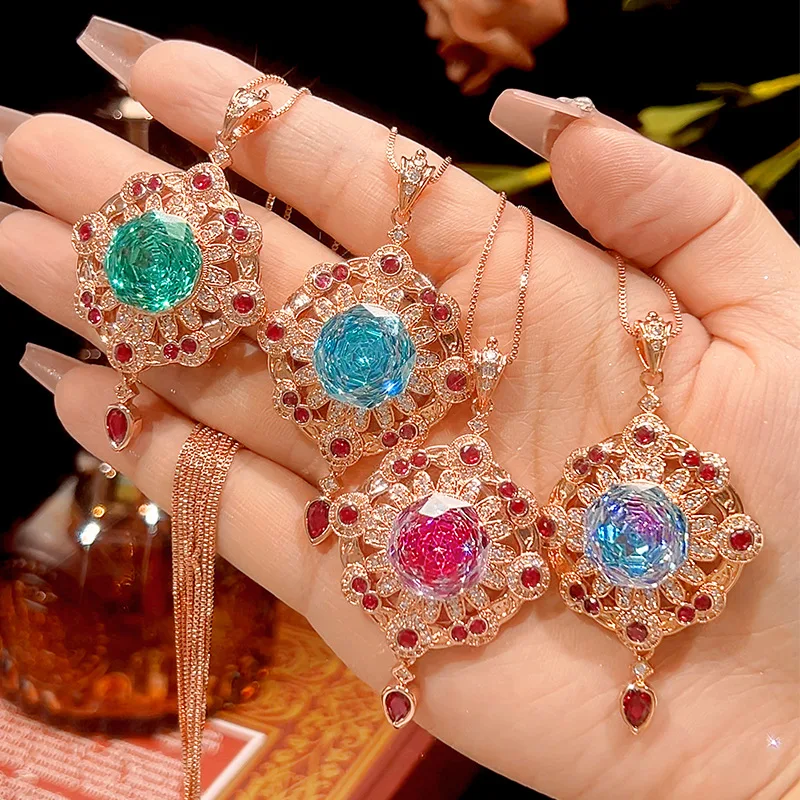

Vintage Rose Gold Necklace with Multi Color Pink Blue Cubic Zirconia Floral Geometric Design Pendant for Women Fashion Jewelry