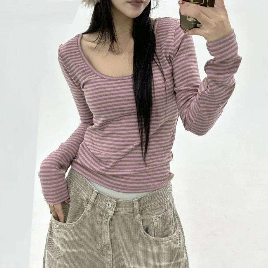 

Harajuku Women Long Sleeve Slim T-shirt Fashion Vintage Stripe Scoop Neck Ladies Casual Tops Spring Fall Streetwear