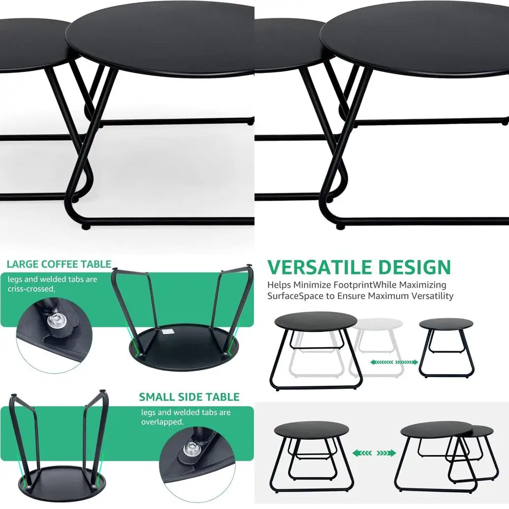 

Black Weatherproof Steel Outdoor Patio Nesting Coffee Table Set, 2-Piece, Suitable for Balcony and Indoor Use
