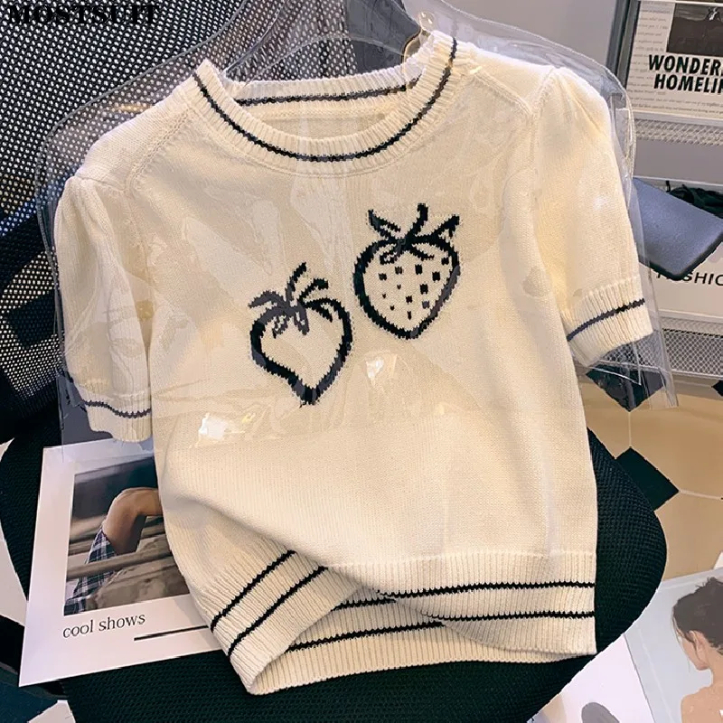 Summer Thin Knitted Pullovers Sweaters Women Strawberry Embroidered Round Neck Knitwear Casual Fashion Korean Knit Tops Jumpers