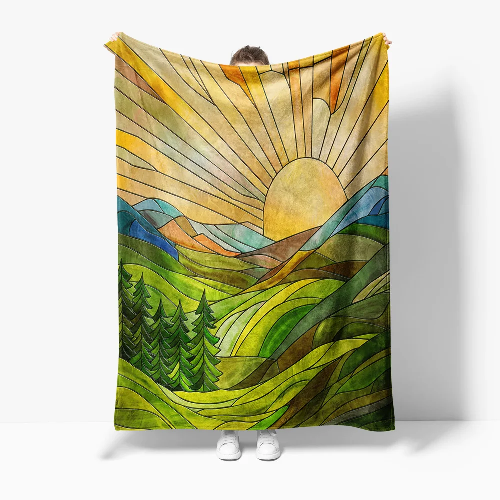 

Stained Glass Landscape Blanket Forest Mountain Sunset Throw Blanket Decorative Sofa Bed Living Room Throw Blanket