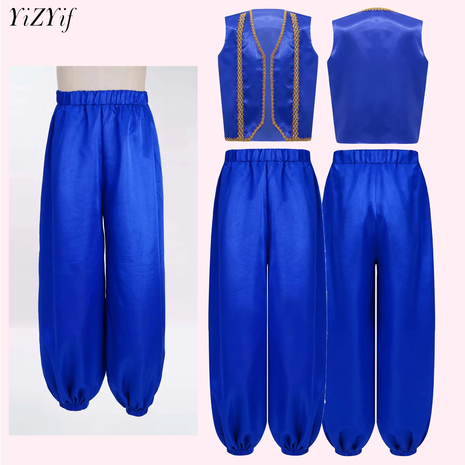 

Boys Mythical Prince Carnival Cosplay Outfits Halloween Theme Party Arabian Prince Role Play Waistcoat Vest Top+Satin Pants Set