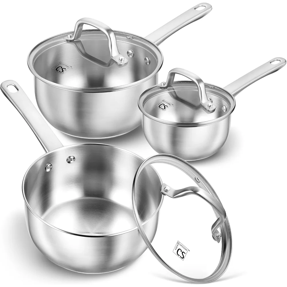 Juego de cacerolas de acero inoxidable de 6 uds, cacerola de acero inoxidable de 1QT, 2QT y 3QT con mango resistente al calor
