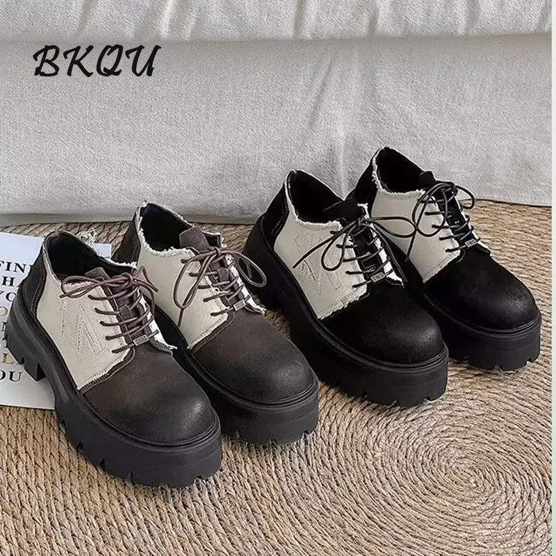 

BKQU Minority War Damage Wind Thick Soled Suede Derby Shoes Color Retro Low-top Shoes Splicing Slightly Up Big Head Men's Shoes