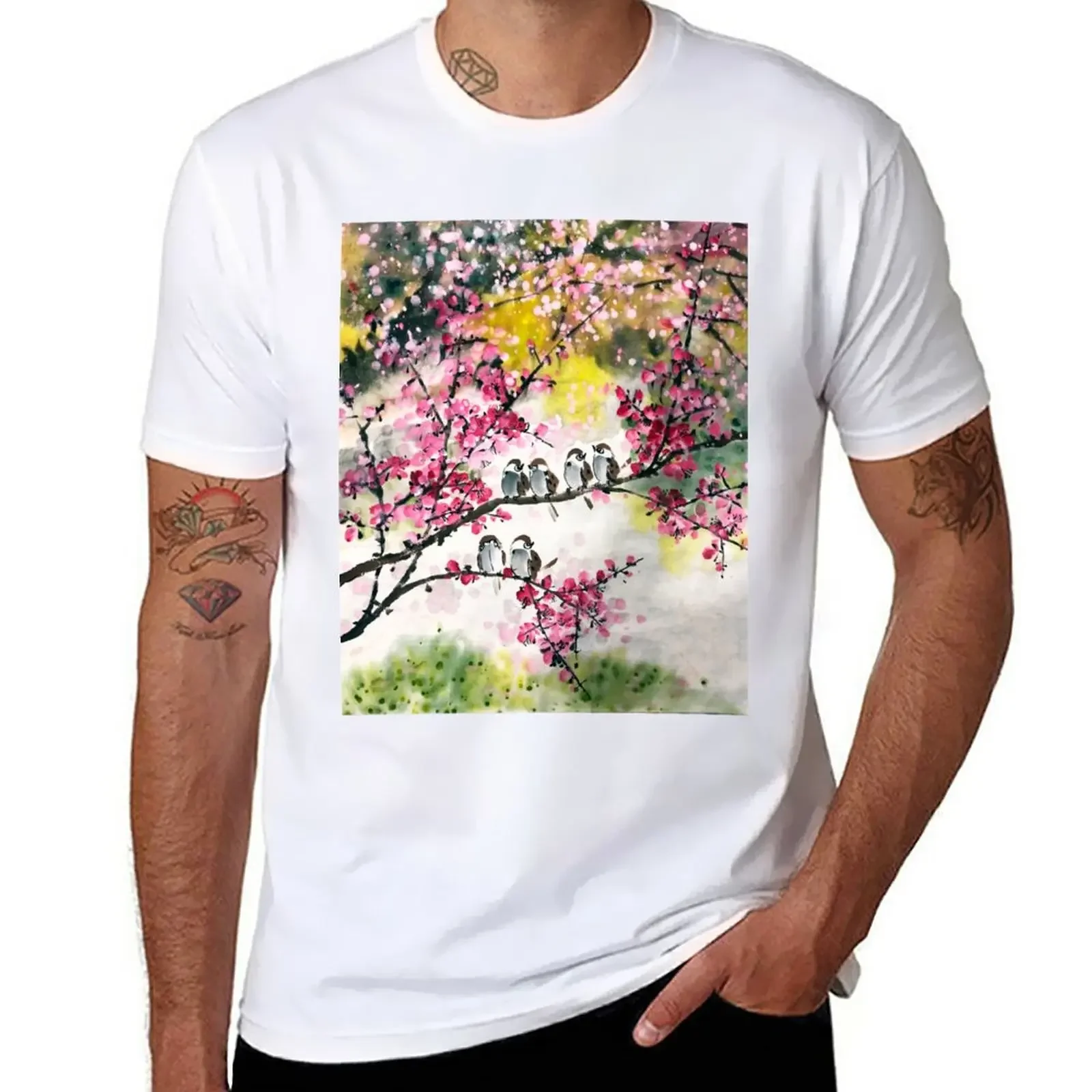 New Sparrows and Cherry Blossom T-Shirt oversized t shirt korean fashion boys white t shirts mens champion t shirts