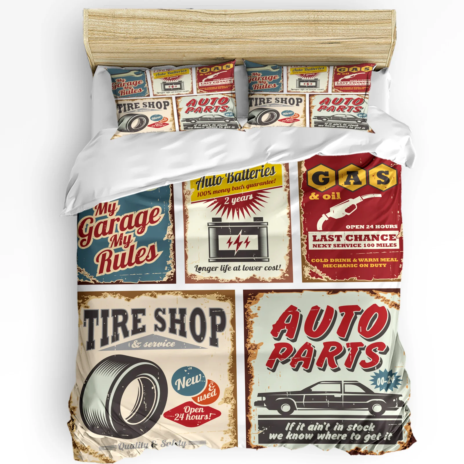 Retro Poster Design Vintage Car Tool 3pcs Duvet Cover Set with Pillow Case Double Comforter Bedding Set Quilt Cover Couple Bed