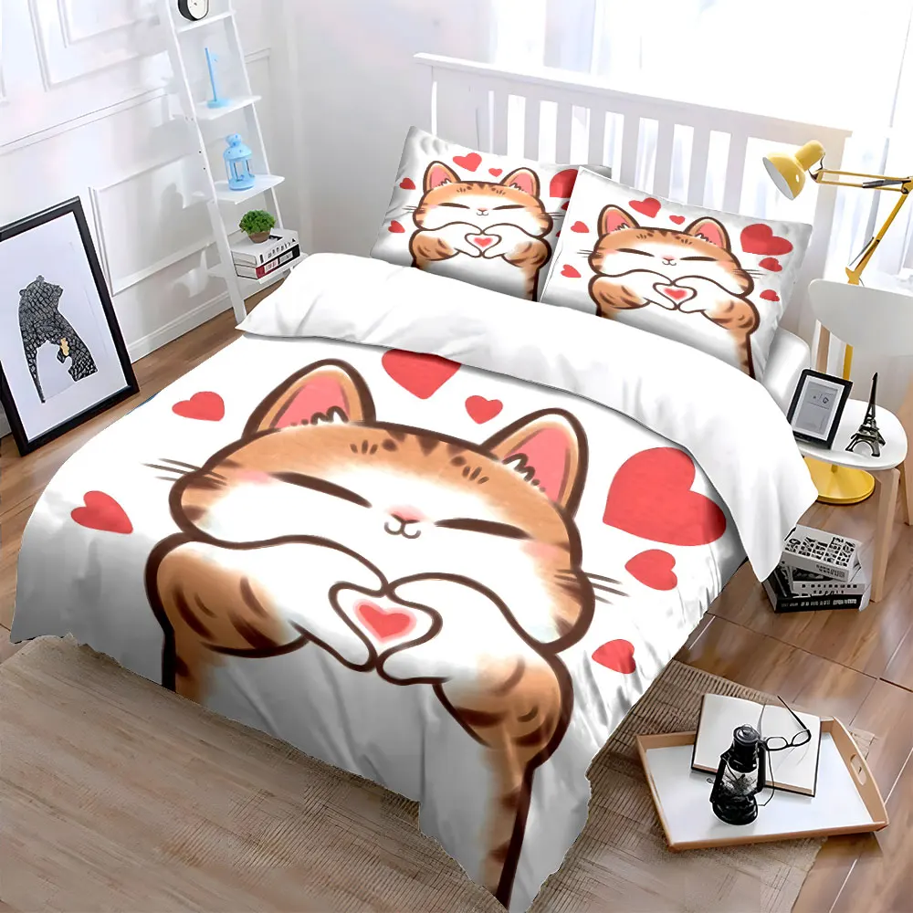 Cute Cat Making Heart Shape Bedding Set for Kids Luxury Gift 3pcs Digital Print Comforter Set Soft Comfortable Breathable