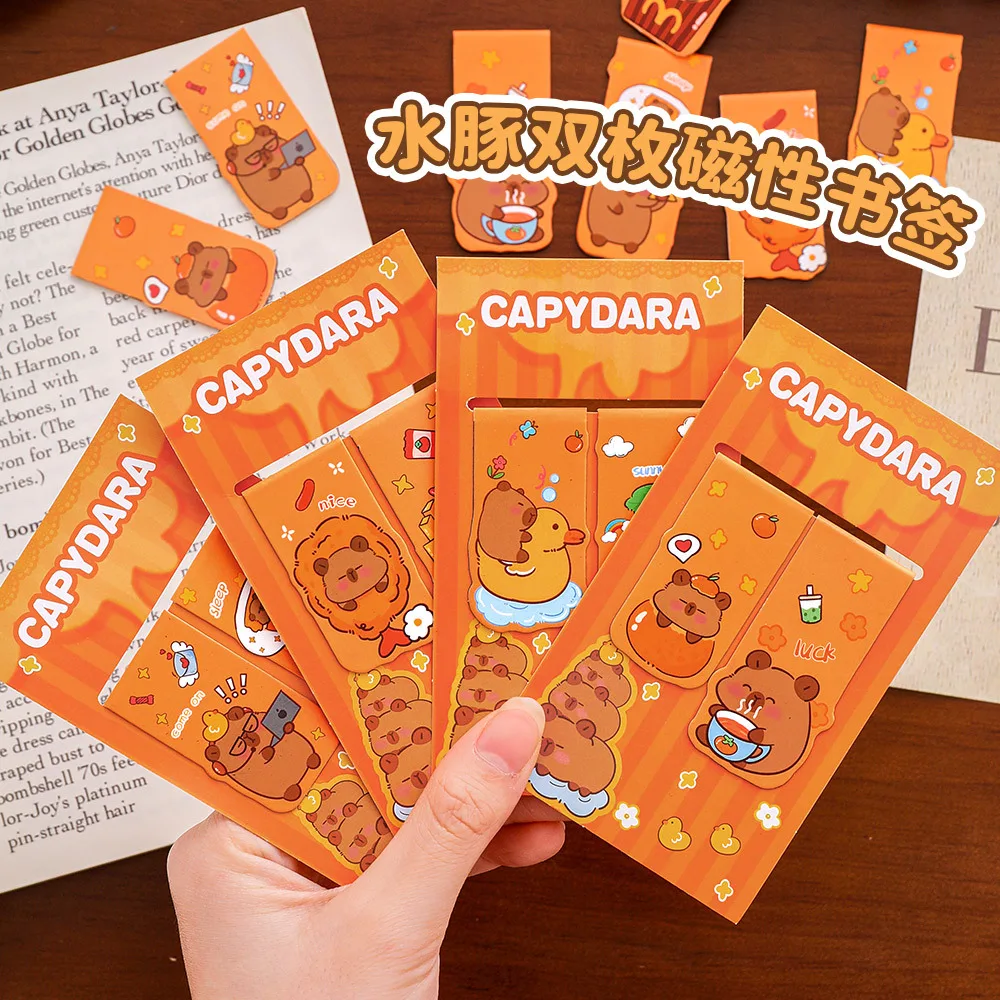 12 Set Magnetic Bookmark Ins Cute Double Reading Page Clip Cartoon Capybara Bookmark Learning Stationery
