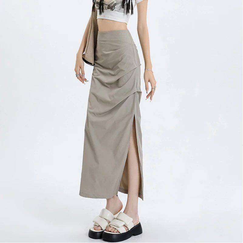 

High Waist Slim Pleated A-line Skirt Summer New Solid All-match Slit Hem Trend Half Skirt Temperament Fashion Women Clothing