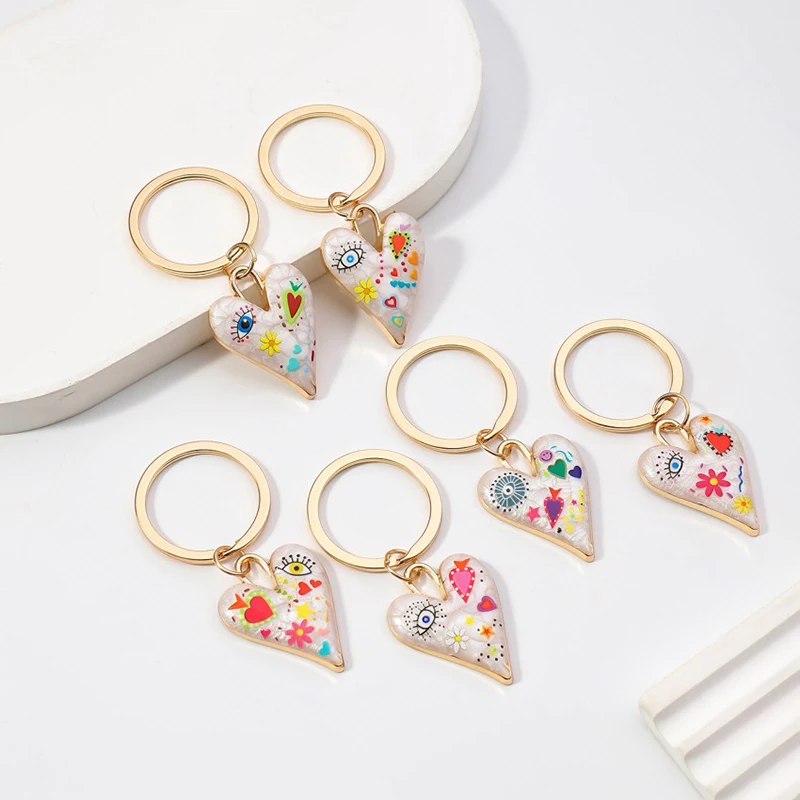 

Cute Heart Flower Eye Enamel Gold Color Keychain For Women Metal Bohemian Vintage Pendant For Bag Car Key Rings Decoration Gift