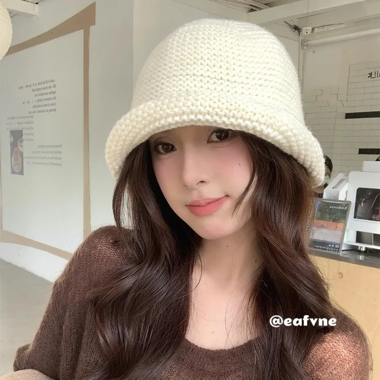 Lazy and Relaxed Japanese Crimped Knitted Bucket Hat Women's Autumn and Winter New Warm Face Small Wool Hat Basin Hat