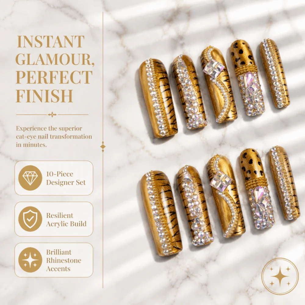 10pcs Long Cat Eye Nail Press on Surface Glossy Acrylic Nail Gold Fake Nail Y2K Style Handmade Inverted Hook Style Manicure