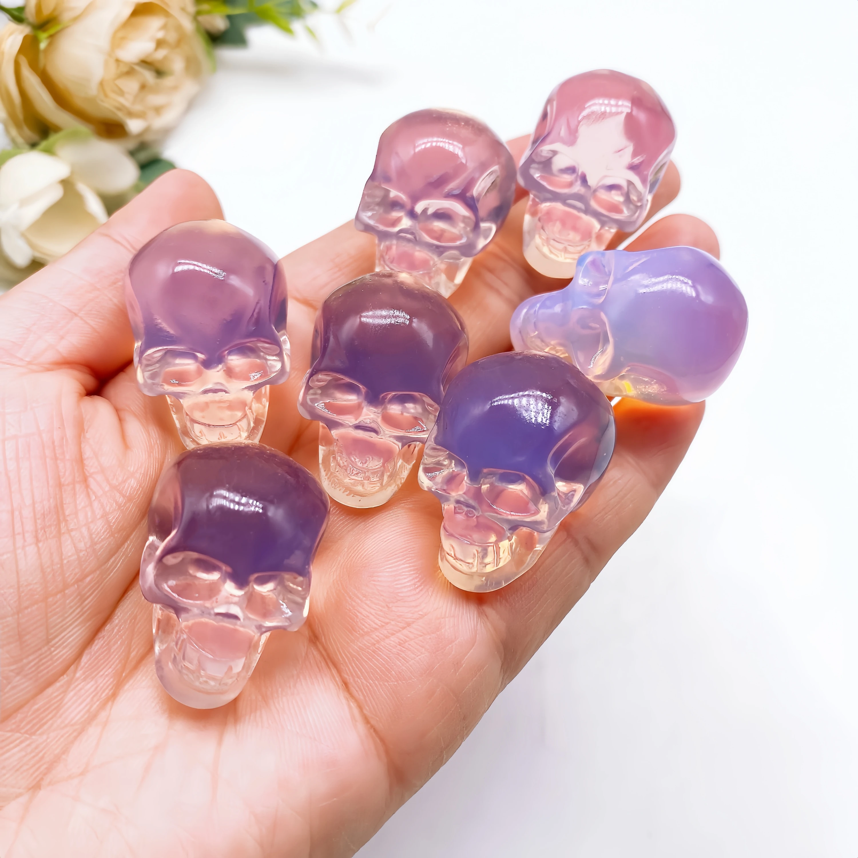 30MM Pink Opalite Mini Skull Head Statue Crystal Quartz Stone Cranium Witchcraft Figurine Hand Carved Home Decor Halloween Gift
