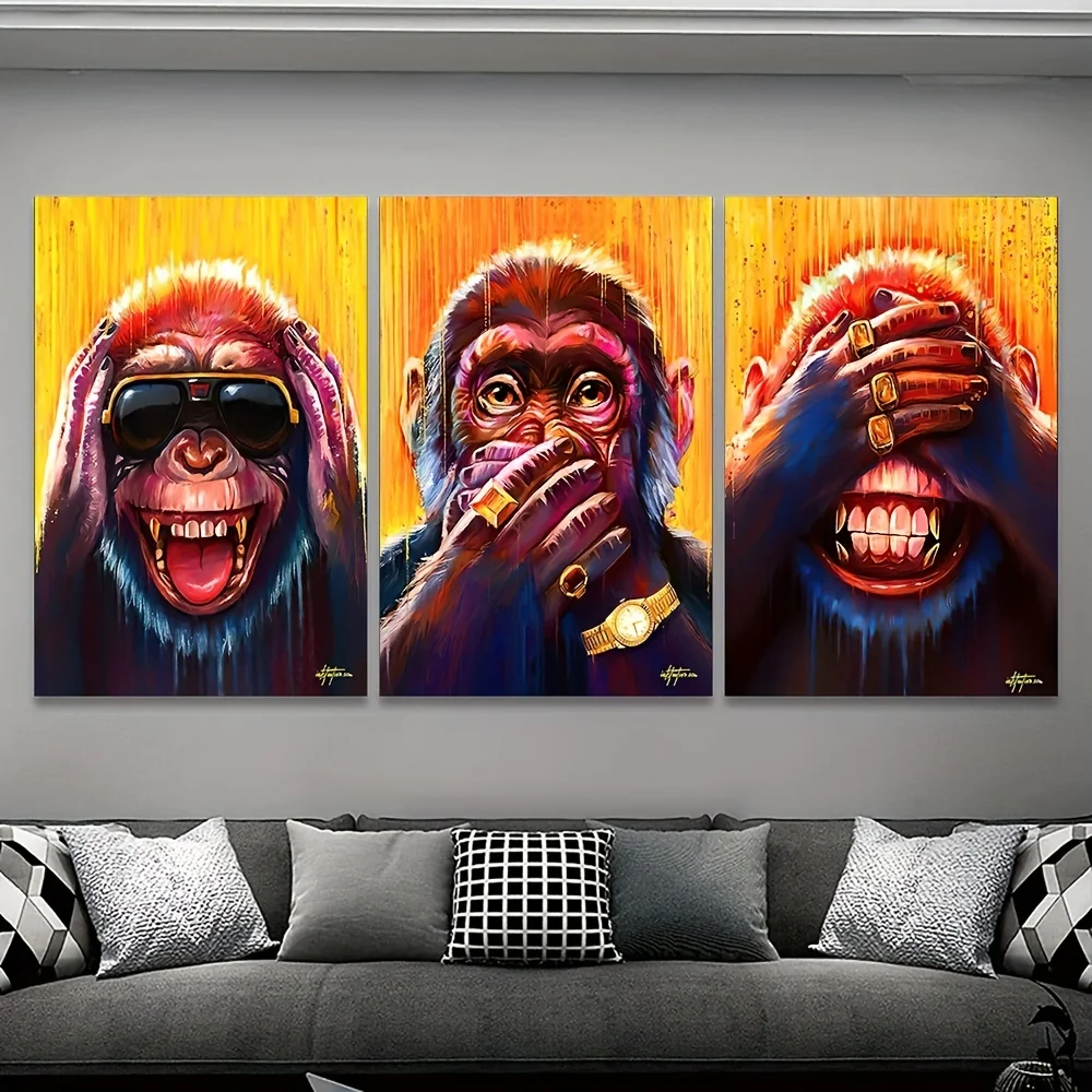 3pcs Three Funny Animal Monkey Posters and Prints Animal Earphone Canvas Paintings For Kids Living Room Wall Art Decor Posters