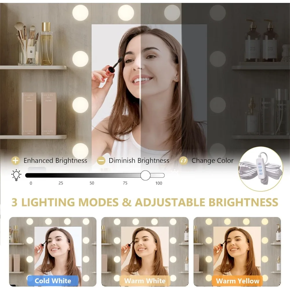 مكتب زينة كبير على طراز المزرعة مقاس 43 بوصة مع مرآة وأضواء وأدراج تخزين ومحطة شحن