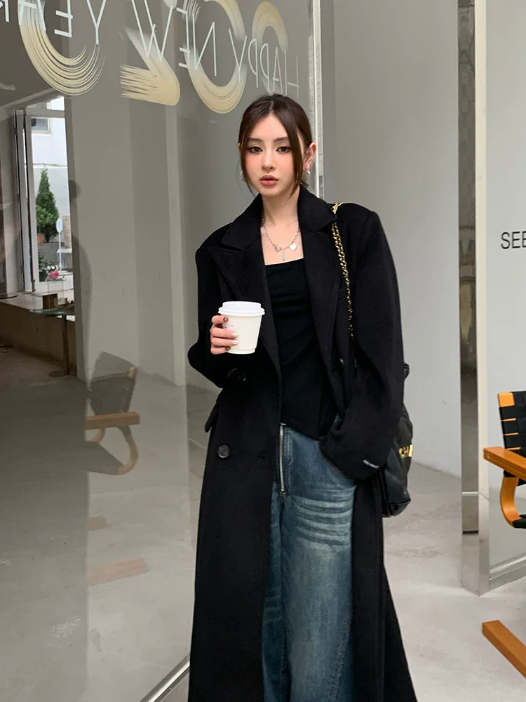2026 New Woolen Coat Women Long Length Solid black Hepburn Style X-long Tall Lady Cool Wool Overcoat Loose Ankle Length