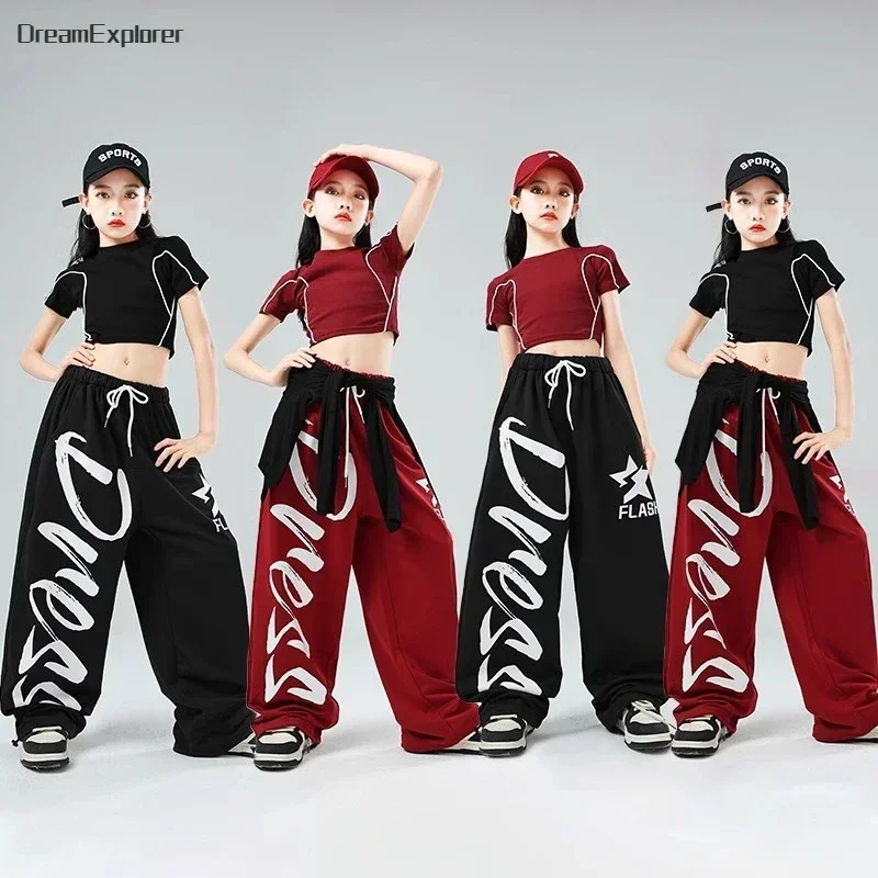 

Hip Hop Girls Crop Top T-shirt Street Dance Letter Joggers Pants Kids Streetwear Loose Sweatpants Child Jazz K-pop Clothes Sets