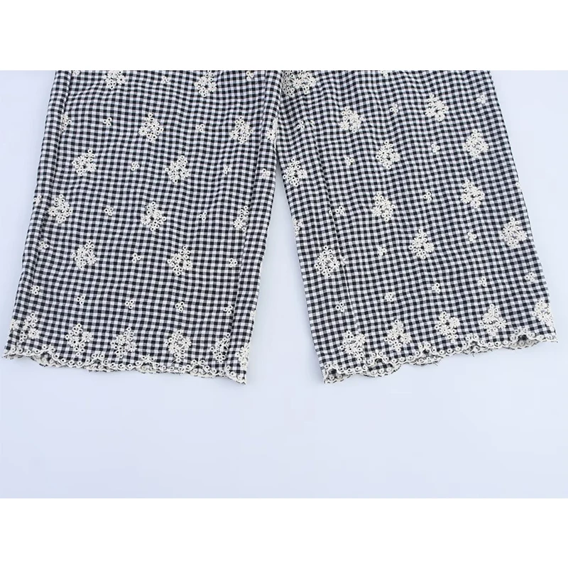 YENKYE 刺繍チェック柄ワイドレッグパンツ女性ヴィンテージハイウエストポケット付きカジュアル夏のズボン