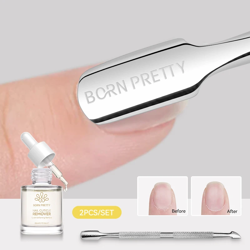 BORN PRETTY 2PCS Nail Cuticle Remover Liquid with Stainless Steel Cuticle Pusher Set Edge Trim Dead Skin Clean Manicure NailCare