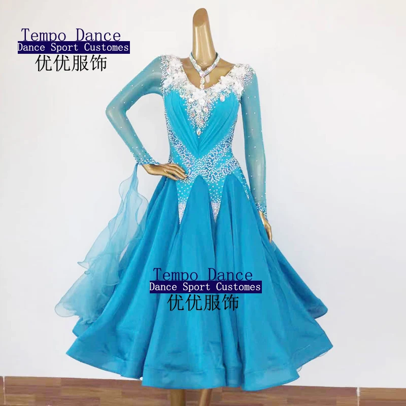 Ballroom Dance Dress Standard Skirt Competition Dress Costumes Performing Dress Customize Adult Children Blue Sparkly Rhinestone